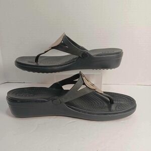 Crocs Women's 11 Black‎ Wedge Flip Flop Thong Sandals with Gold Embellishments